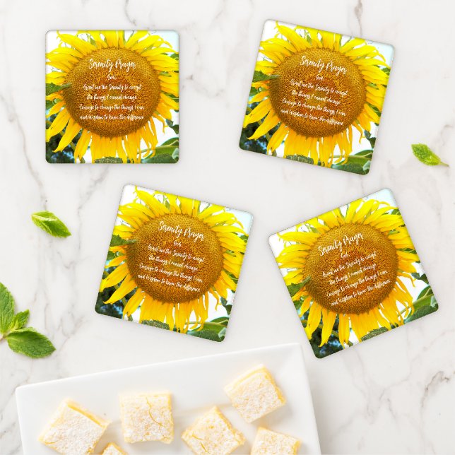 Serenity Prayer Yellow Sunflower Floral Coaster Set (In Situ)
