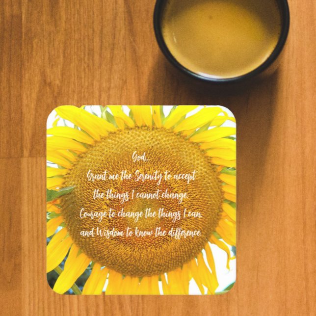 Serenity Prayer Yellow Sunflower Floral Square Paper Coaster (In Situ)