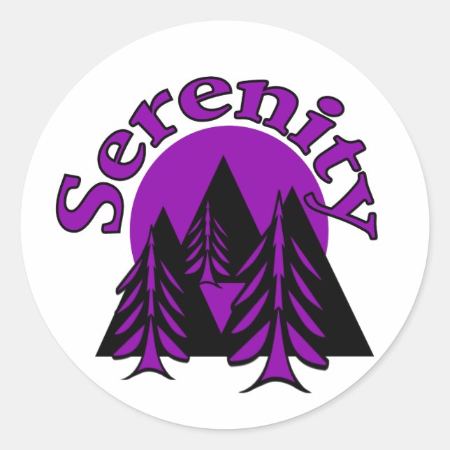 Serenity Quote Modern Black Purple Moon Trees Classic Round Sticker (Front)