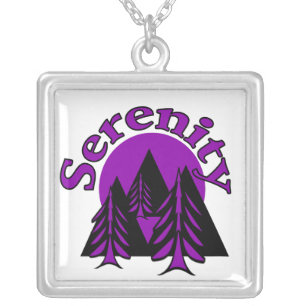 Serenity Quote Modern Black Purple Moon Trees Silver Plated Necklace