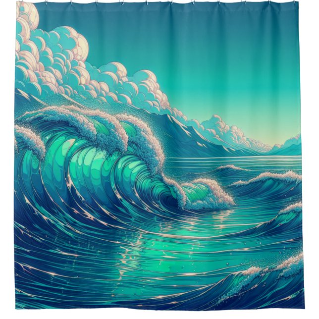“Serenity Seascape: Ocean’s Embrace” Shower Curtain (Front)