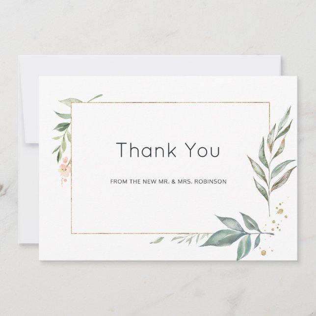 Serenity Simplistic Greenery Geometric Wedding Thank You Card (Front)