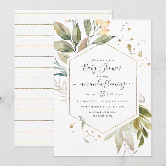 Serenity Watercolor Greenery Geometric Baby Shower Invitation (Front/Back)