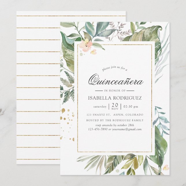 Serenity Watercolor Greenery Geometric Quinceañera Invitation (Front/Back)