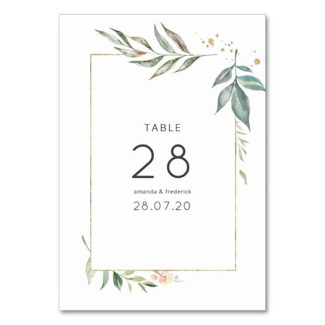 Serenity Watercolor Greenery Geometric Wedding Table Number (Front)