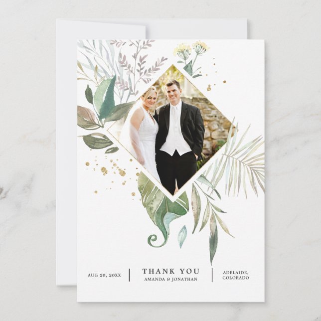 Serenity Watercolor Greenery Geometric Wedding Thank You Card (Front)