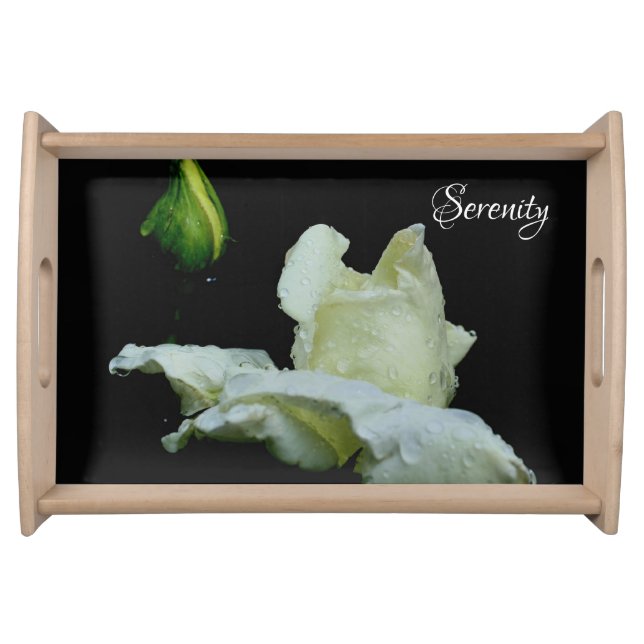Serenity White Rosebud Inspirational Words Serving Tray (Front)