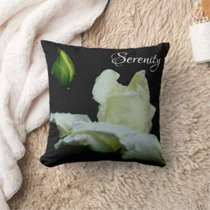 Serenity White Rosebud Inspirational Words  Throw Pillow