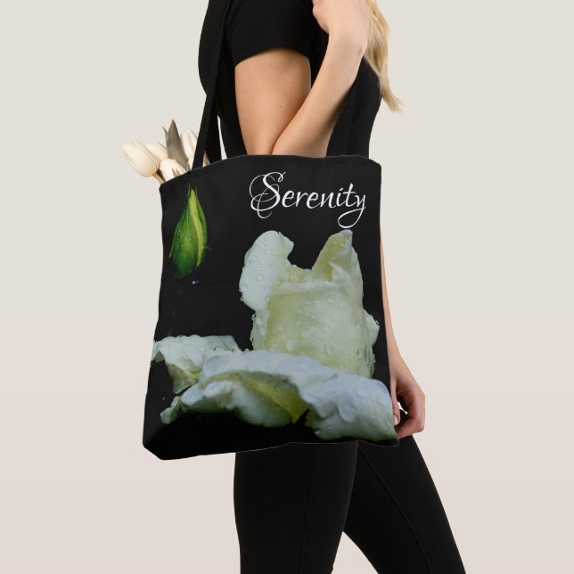 Serenity White Rosebud Inspirational Words  Tote Bag (Close Up)