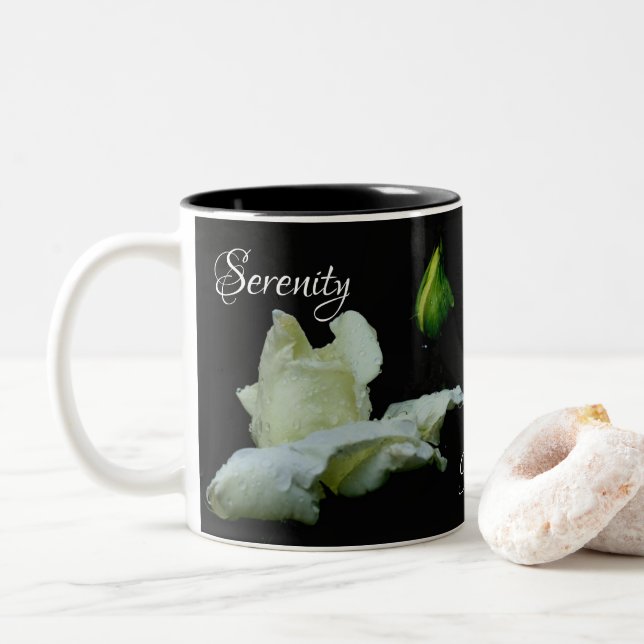 Serenity White Rosebud Inspirational Words Two-Tone Coffee Mug (With Donut)