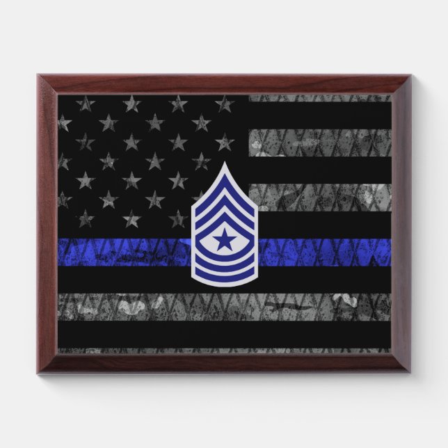 Sergeant Major Thin Blue Line Distressed Flag Award Plaque (Horizontal)