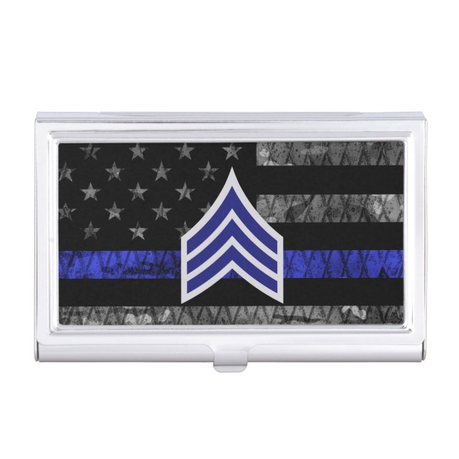 Sergeant Stripes Thin Blue Line Distressed Flag Business Card Case (Front)