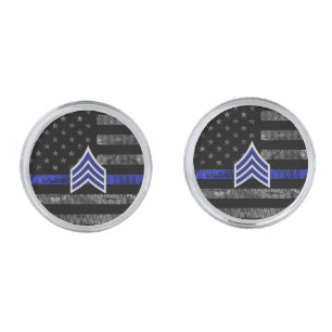 Sergeant Stripes Thin Blue Line Distressed Flag Cufflinks