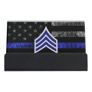 Sergeant Stripes Thin Blue Line Distressed Flag Desk Business Card Holder
