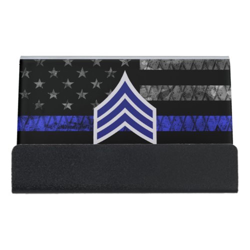 Sergeant Stripes Thin Blue Line Distressed Flag Desk Business Card Holder