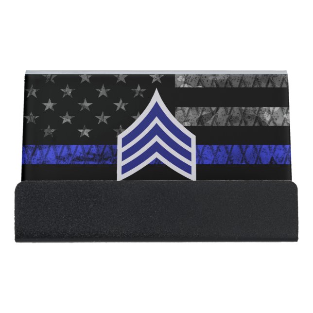 Sergeant Stripes Thin Blue Line Distressed Flag Desk Business Card Holder (Front)