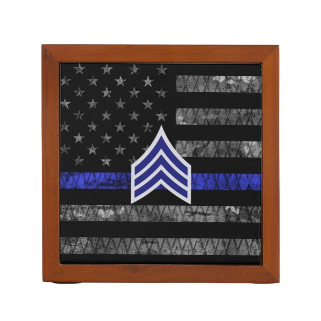 Sergeant Stripes Thin Blue Line Distressed Flag Desk Organizer (Front)