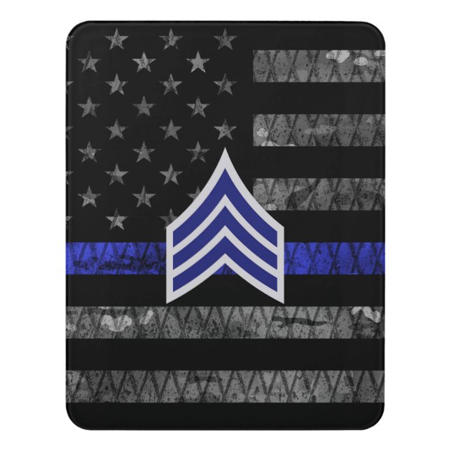 Sergeant Stripes Thin Blue Line Distressed Flag Door Sign (Contemporary Vert)