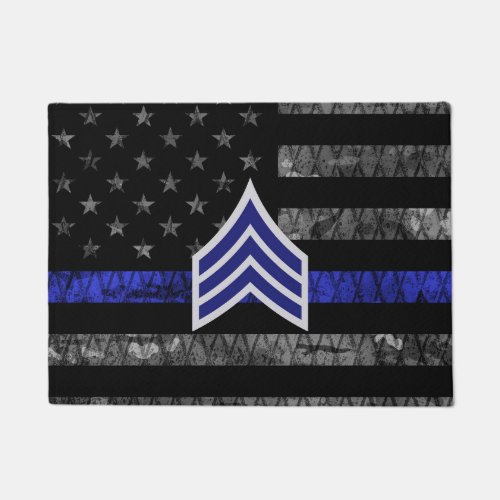 Sergeant Stripes Thin Blue Line Distressed Flag Doormat