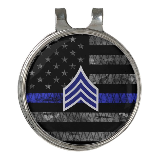 Sergeant Stripes Thin Blue Line Distressed Flag Golf Hat Clip (Front)