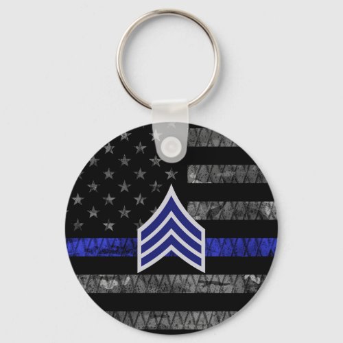 Sergeant Stripes Thin Blue Line Distressed Flag Keychain