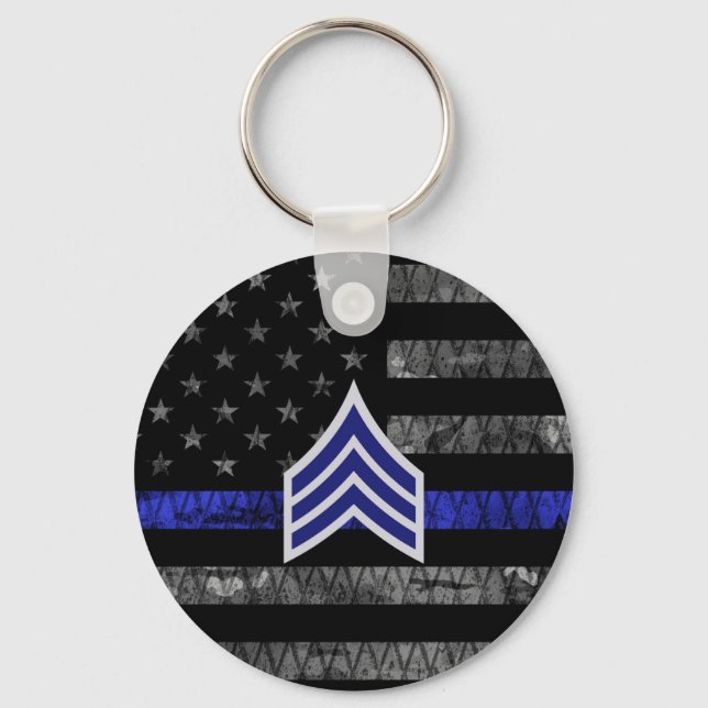 Sergeant Stripes Thin Blue Line Distressed Flag Keychain (Front)