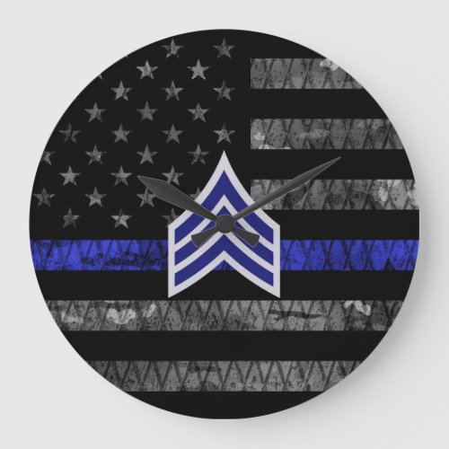 Sergeant Stripes Thin Blue Line Distressed Flag Large Clock
