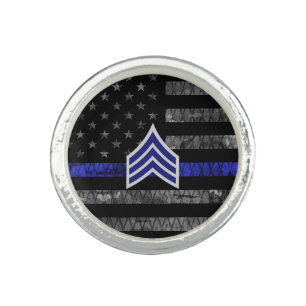 Sergeant Stripes Thin Blue Line Distressed Flag Ring