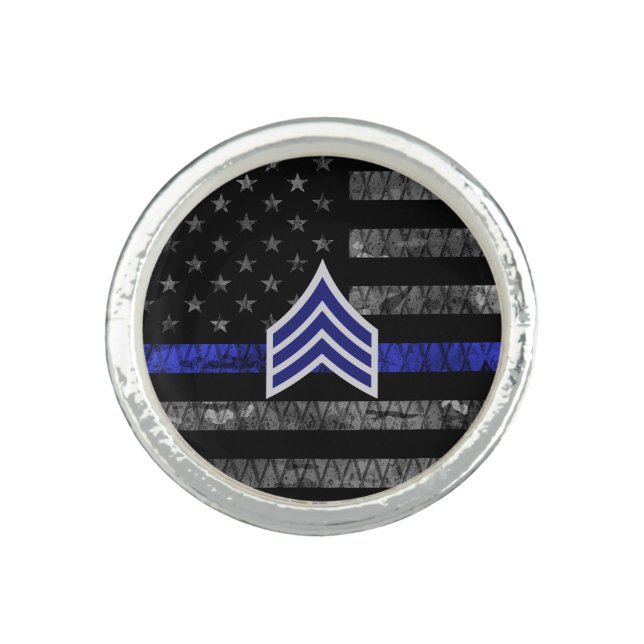 Sergeant Stripes Thin Blue Line Distressed Flag Ring (Front)