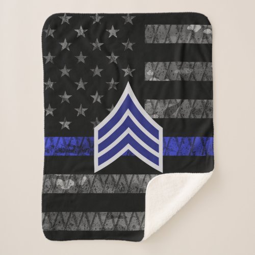 Sergeant Stripes Thin Blue Line Distressed Flag Sherpa Blanket