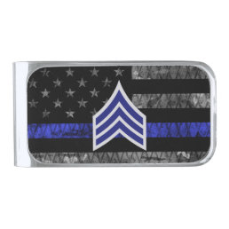 Sergeant Stripes Thin Blue Line Distressed Flag Silver Finish Money Clip