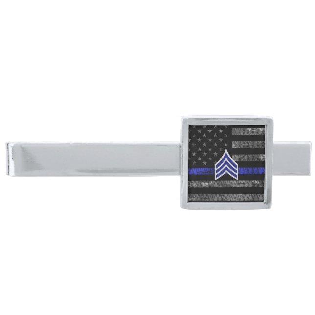 Sergeant Stripes Thin Blue Line Distressed Flag Silver Finish Tie Bar (Front)