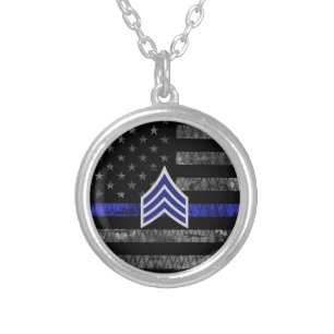 Sergeant Stripes Thin Blue Line Distressed Flag Silver Plated Necklace