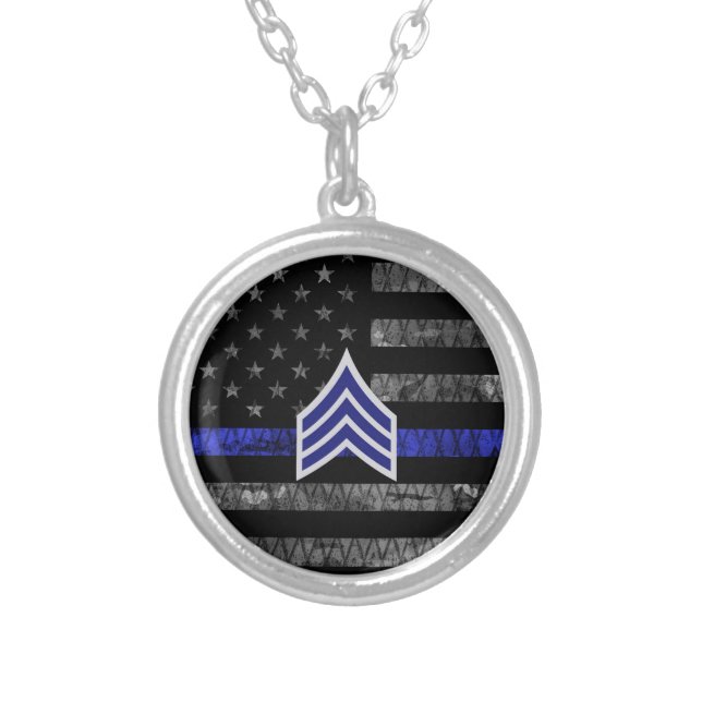 Sergeant Stripes Thin Blue Line Distressed Flag Silver Plated Necklace (Front)