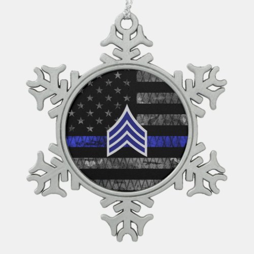 Sergeant Stripes Thin Blue Line Distressed Flag Snowflake Pewter Christmas Ornament