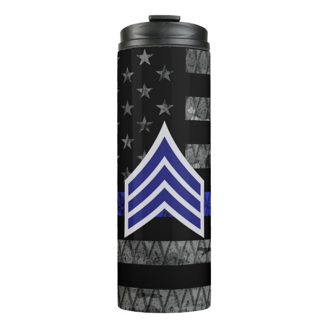 Sergeant Stripes Thin Blue Line Distressed Flag Thermal Tumbler (Front)