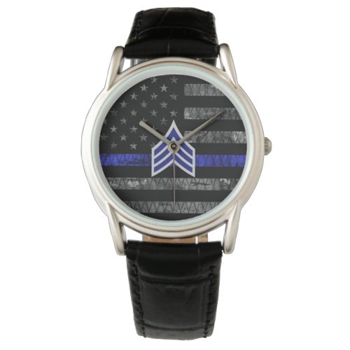 Sergeant Stripes Thin Blue Line Distressed Flag Watch