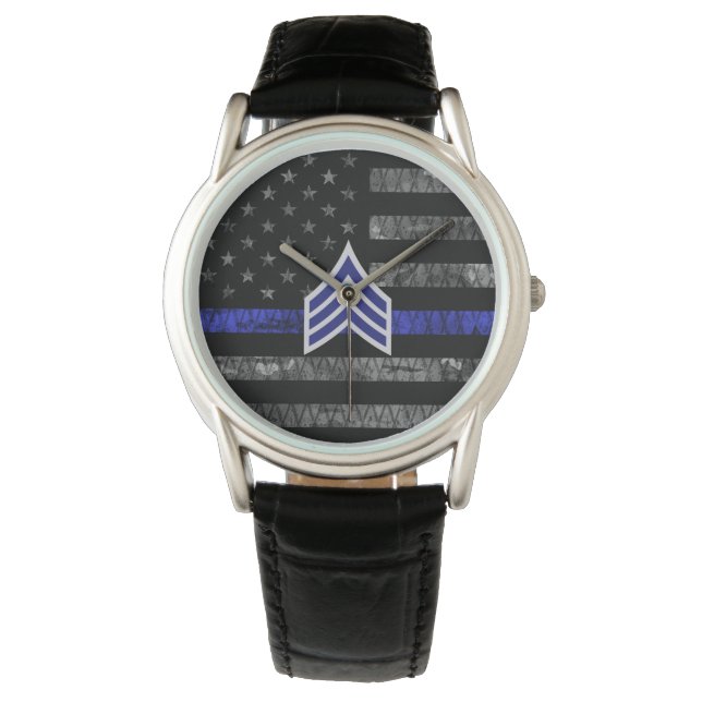 Sergeant Stripes Thin Blue Line Distressed Flag Watch (Front)