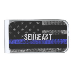 Sergeant Thin Blue Line Distressed Flag Silver Finish Money Clip