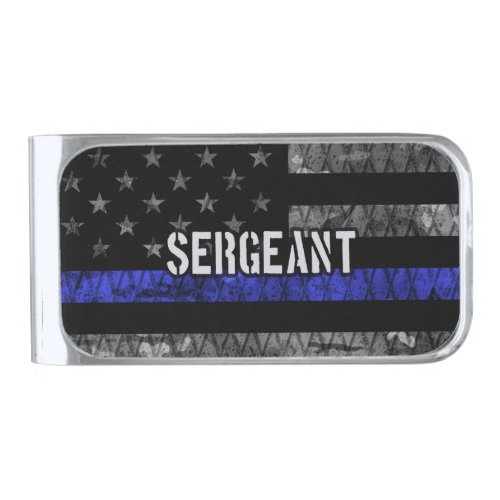 Sergeant Thin Blue Line Distressed Flag Silver Finish Money Clip