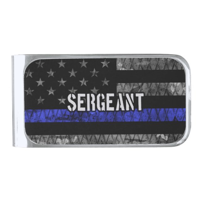 Sergeant Thin Blue Line Distressed Flag Silver Finish Money Clip (Front)