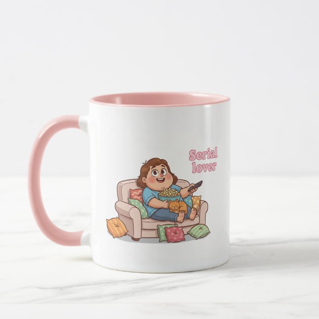 Serial Lover Mug – Cozy Night with Cat & Popcorn (Left)