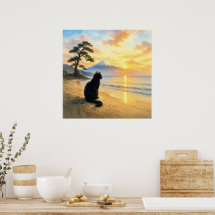 series_1_1|Square Black Cat Mt Fuji Art Poster
