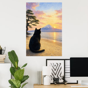 series_1_4｜Peaceful Black Cat Mt Fuji Art Poster