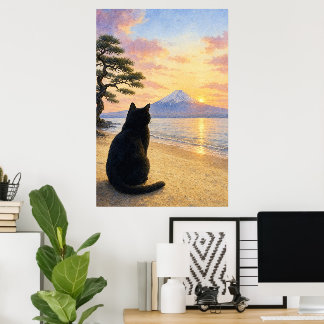 series_1_4|Peaceful Black Cat Mt Fuji Art Poster