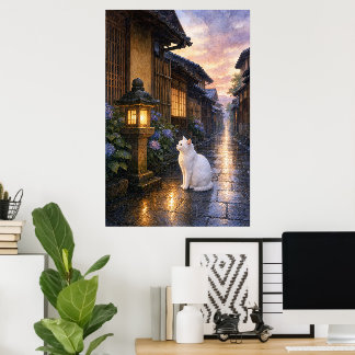 series_2_10|Gazing Lantern White Cat Kyoto Art Poster