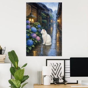 series_2_3|Rainy Kyoto White Cat Hydrangea Art Poster