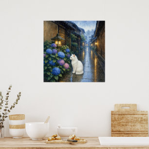 series_2_3|Square Kyoto Hydrangea White Cat Art Poster
