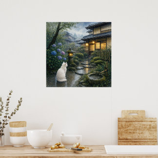 series_2_7|Square Kyoto Zen Garden White Cat Art Poster