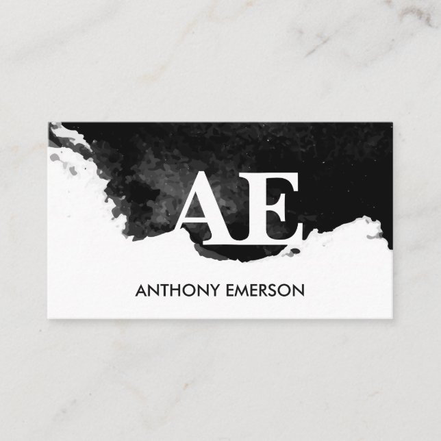 Serif Monogram | Black Watercolor Texture Business Card (Front)